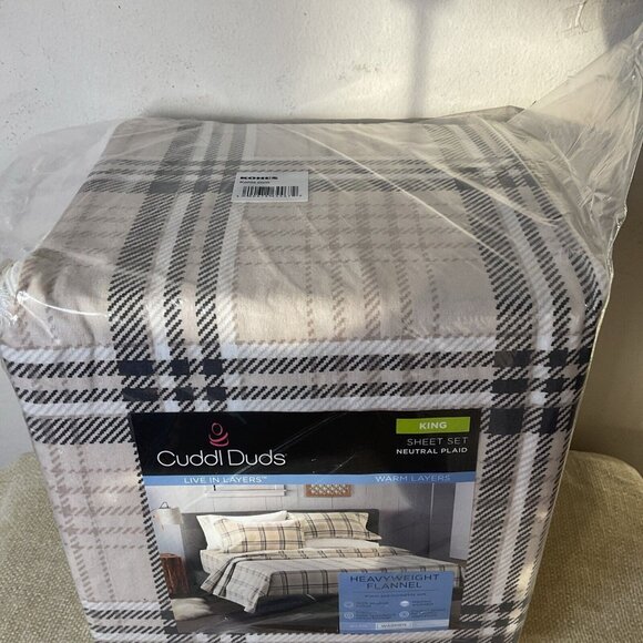 Cuddl Duds King Size Heavyweight Flannel Sheet Set Neutral Plaid - Picture 3 of 6
